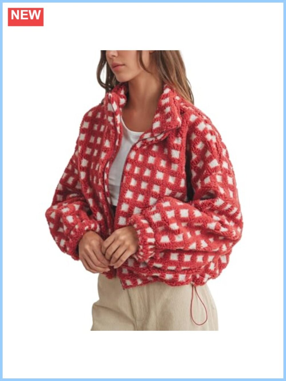 Womens Cropped Checkered Sherpa Jacket Zip Up Fleece Coat